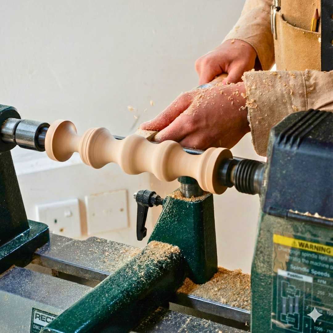 Hands turning a decorative spindle profile on a wood lathe during a woodturning class at The Makers Society in Dubai.